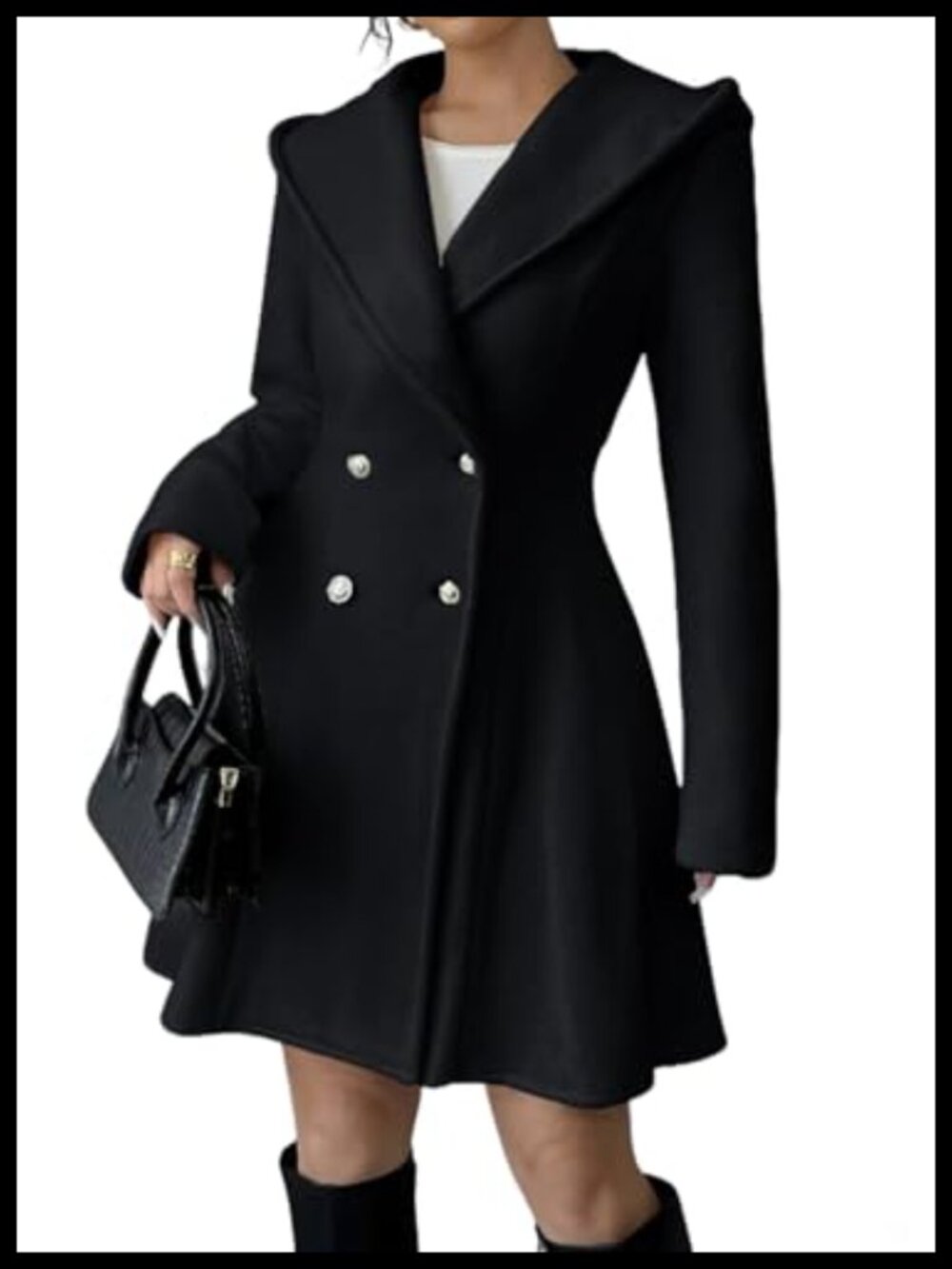 Double Breasted Hooded Wool Blend Midi Pea Coat Winter Overcoat